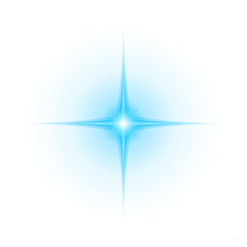 Cyan glowing star shape with emanating light and sparkling particles on transparent background.