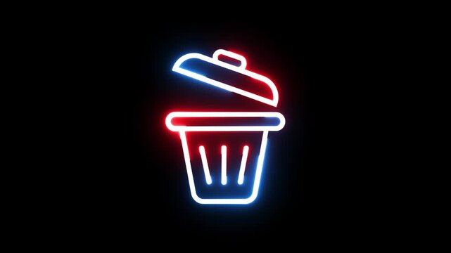 Neon trash can icon glowing in blue and red colors against dark black background loopable.