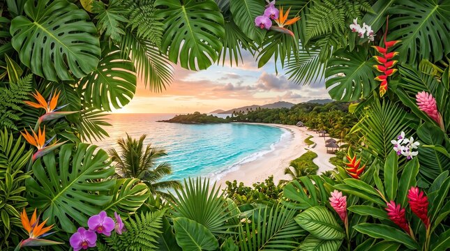 Tropical beach view framed by exotic leaves and colorful flowers