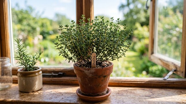 Fresh thyme and rosemary in pots on a rustic windowsill