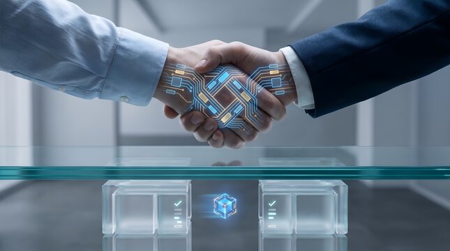 B2B partnership and digital integration concept featuring business handshake with glowing microchip circuitry agreement