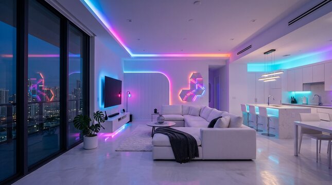 Modern luxury apartment interior with smart neon ambient lighting