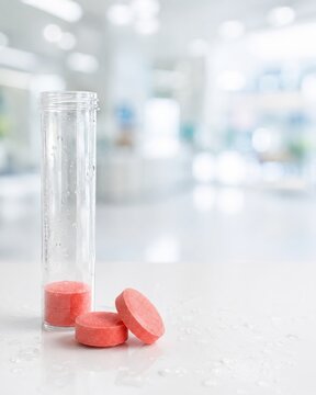 Frascos con tabletas efervescentes en un entorno de farmacia
