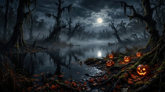 Dark Spooky Swamp Lake with Jack O Lanterns