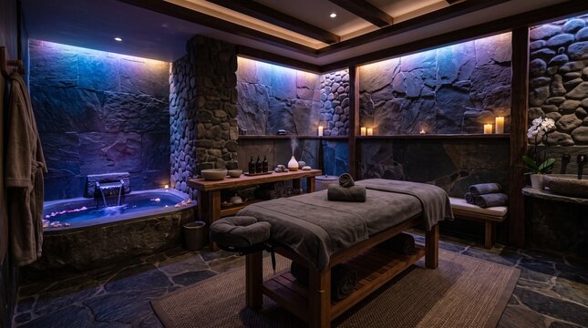 Luxury spa room with massage table and stone bathtub