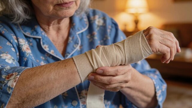 Pulling roll bandage, woman wrapping right forearm in living room to support wrist in pajama top