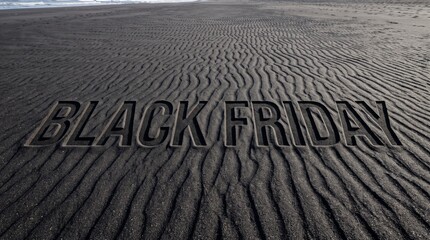 Fototapeta premium Black Friday text carved into rippled black sand on a beach with ocean waves in the background