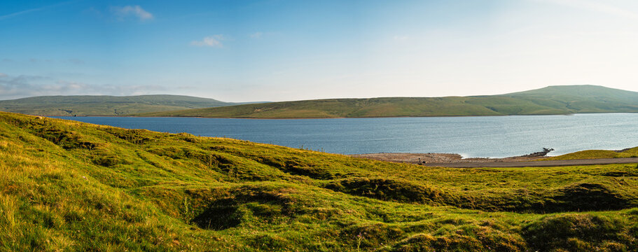 Panorama of Cow Green Reservoir, in the North Pennines a landscape of sweeping  moorlands, renowned for vast open skies, winding rivers and historic stone buildings in a National Landscape