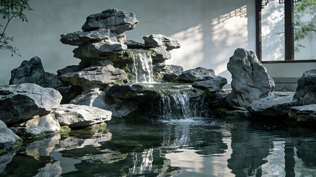 Chinese garden rock formation with small waterfall and pond