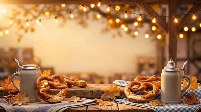 Oktoberfest Bavarian Background with Beer Steins, Pretzels, Autumn Leaves and Festive Lights