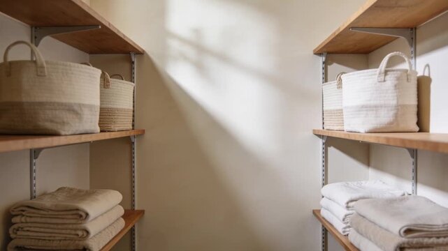 Sunlight sliding camera moving toward wood shelves with baskets linens in closet showing storage