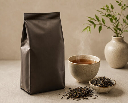 Premium Unbranded Tea Package with Hot Tea Cup and Loose Dried Tea Leaves