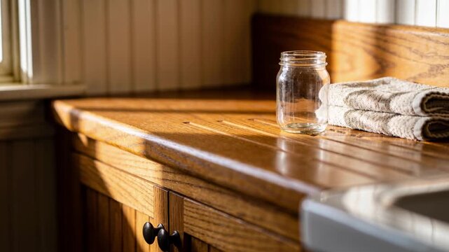 Streaming sunlight from window across kitchen counter, lighting glass jar and towels as sun shifts