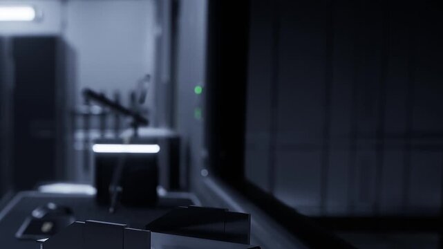 A workspace shows various equipment and tools in low light. The setup is organized and sleek, with shadows creating a distinct atmosphere. Green lights indicate active devices.