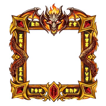2D game UI legendary fire dragon avatar frame with glowing runes and rubies, fantasy GUI border isolated on white background.