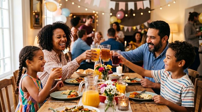 Happy diverse family celebrating a special occasion with a festive dinner and toasts