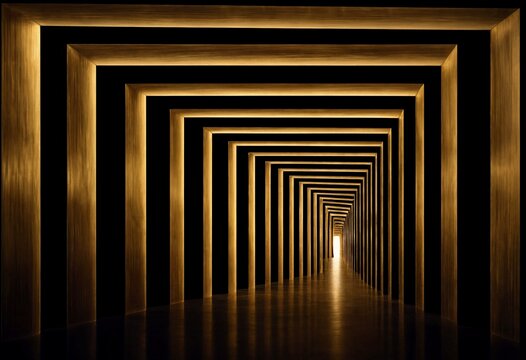 Abstract perspective of a long dark corridor with glowing golden arches receding into the distance