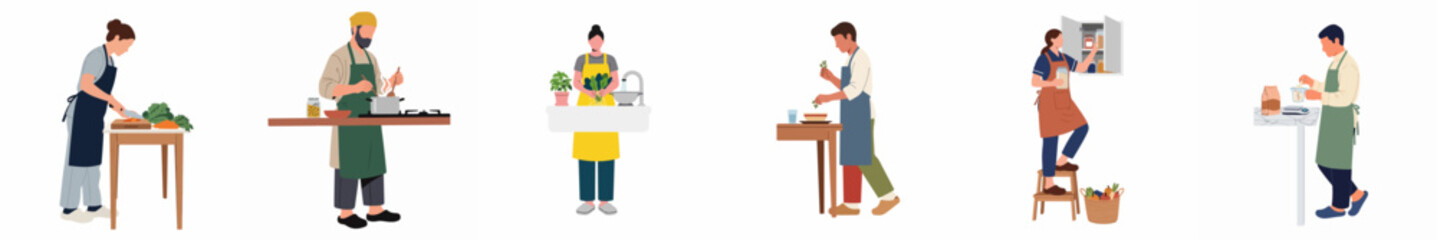 Fototapeta premium Collection of Diverse People in Aprons Engaged in Kitchen Activities, Cooking, Preparing Food, and Organizing Supplies in a Minimalist Flat Style.