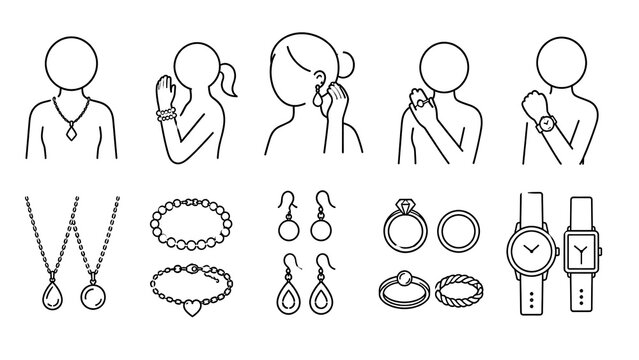 simple stick-figure illustration depicts of , bracelets, earrings, rings, and watches