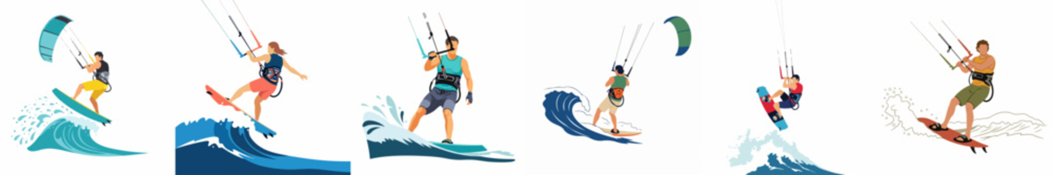 Collection of flat vector illustrations depicting various kitesurfers riding waves with dynamic poses on a clean white background.