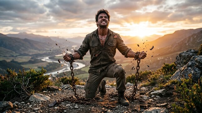 Man breaks chains on mountain top at sunrise symbolizing freedom and overcoming adversity
