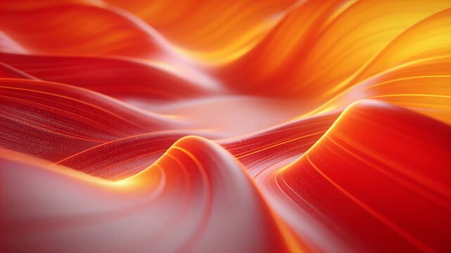Flowing ribbon-like surfaces undulating in abstract CGI landscape, with pale pool and golden veins