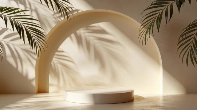 Casting sunbeam shifting palm-frond shadows across round pedestal in cream alcove as sun shifts