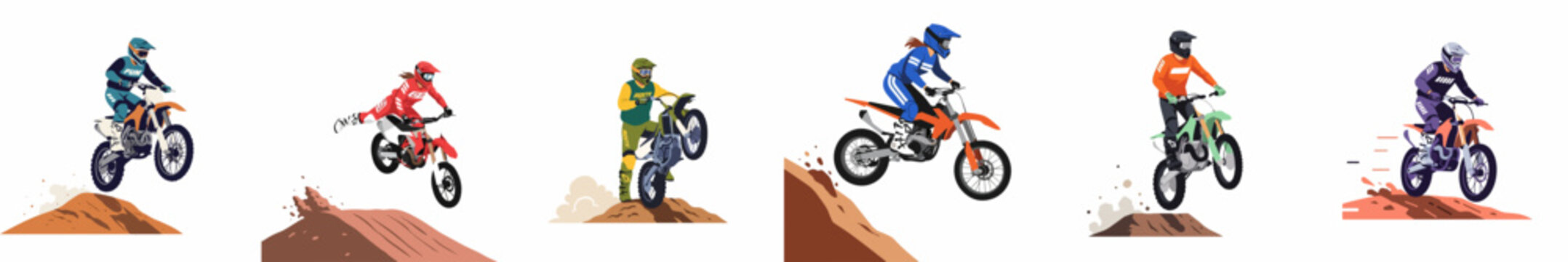 Set of six dynamic motocross rider illustrations showcasing various jumps stunts and off-road racing actions on dirt bikes