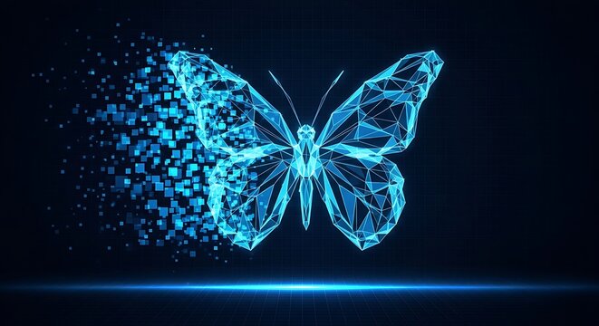 Geometric butterfly transforming from pixels to polygon mesh on a dark blue grid background