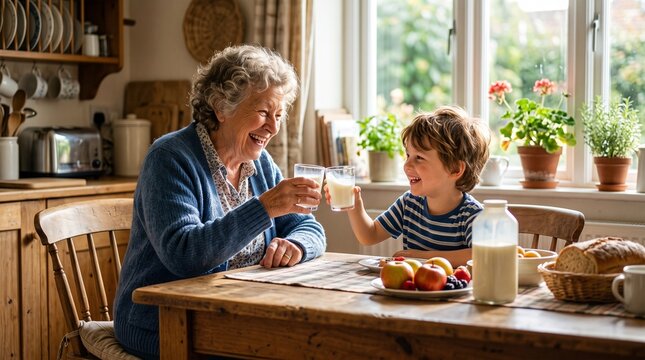Joyful grandmother and grandson share a happy moment toasting with milk glasses in a cozy kitchen