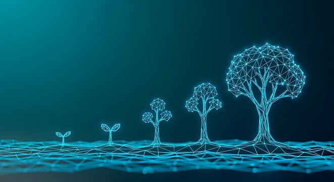 Growing trees from seedling to maturity depicted with blue polygonal lines on a dark teal background