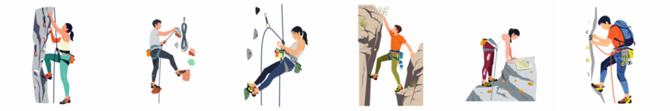 A set of flat vector illustrations of diverse climbers engaged in rock climbing, rappelling, and mountaineering activities, isolated on white background.