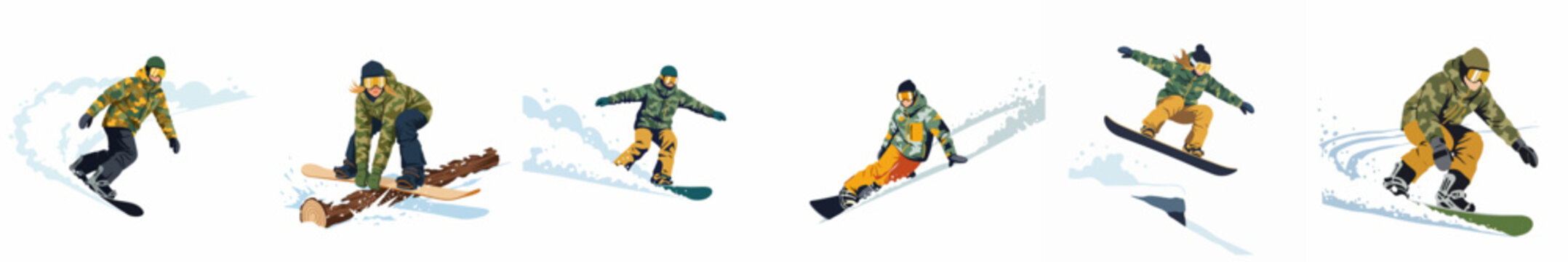 Collection of snowboarder illustrations performing various winter sports tricks and maneuvers on a white background.