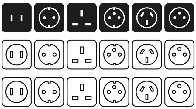 Collection of electrical power socket outlets and wall plugs in outline and solid vector design vector set