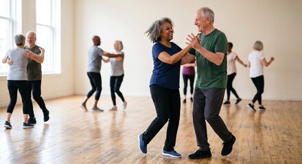 Obraz premium Joyful Seniors Dancing Together in Group Dance Class, Active Retirement Community