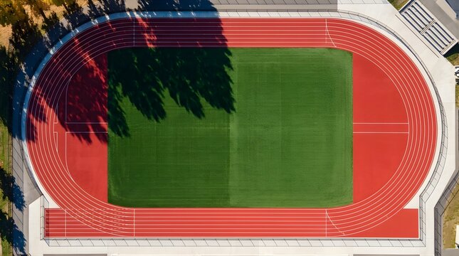 Aerial view of a red running track and green field stadium at sunny day