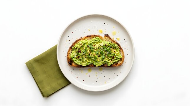 Freshly toasted sourdough bread slice topped with mashed avocado and seasoning on a white plate next to a green napkin sourdough breakfast seasoning nutrition