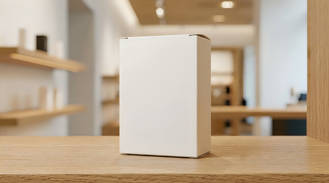 Realistic product packaging box mockup in a bright modern interior home setting for brand presentation