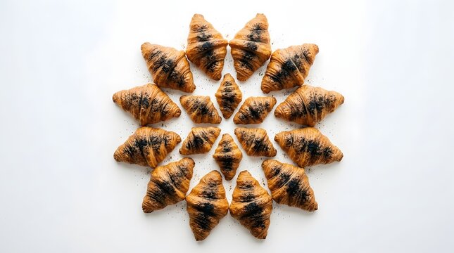 Golden flaky croissants arranged in a decorative geometric starburst pattern on a white surface with croissant breakfast geometric background delicious