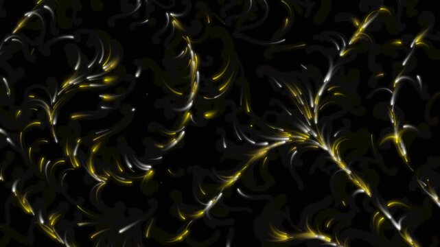 Golden and white particles swirling and blooming like abstract floral patterns on black background.