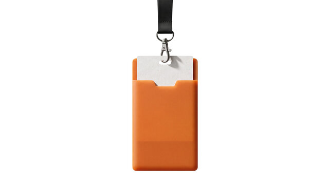 Orange plastic vertical id card sleeve with black lanyard and metal swivel clip featuring white insert card for corporate office employee identification and access.