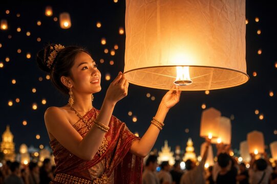 Thai woman in traditional dress holding sky lantern at night