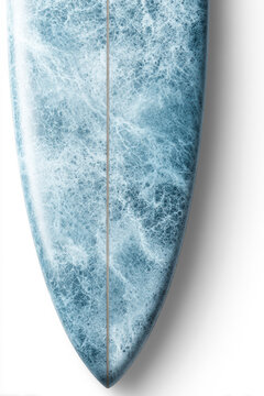 Close up of blue marbled surfboard nose with center stringer isolated on transparent background