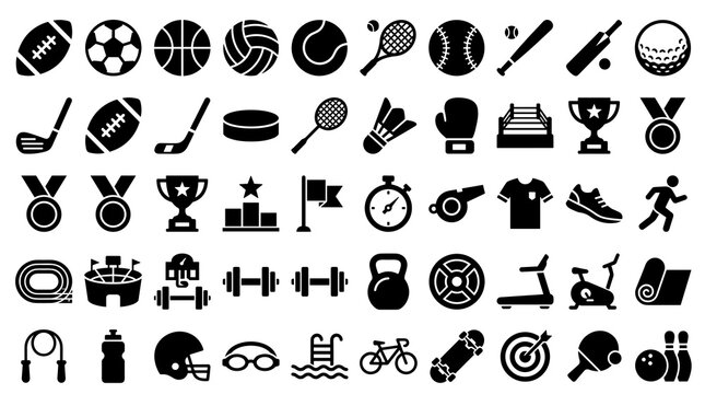 Sports Solid Icon Set with Football, Basketball, Volleyball, Trophy, Medal, Gym Equipment, Competition, and Athletic Symbols