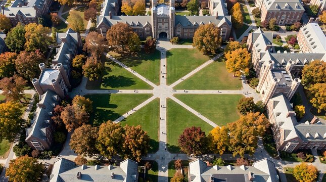 Aerial view of a university campus quadrangle during the autumn season