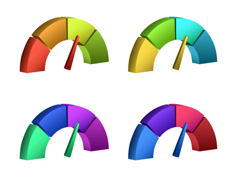 Vibrant gauge meters with colorful segments and needles on transparent background