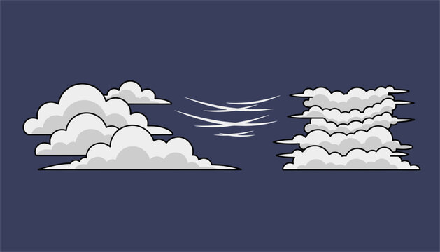 Cartoon clouds with wind flow lines on a dark blue background, representing a breezy evening or night weather scene.