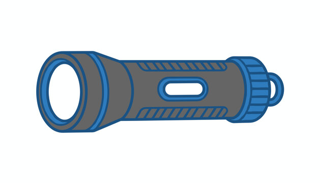 Stylized blue and grey flashlight in a simple cartoon drawing style, representing adventure, lighting, and safety.