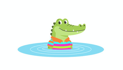 Obraz premium Friendly green alligator cartoon character wearing a colorful striped polo shirt swimming happily in blue water.