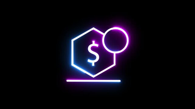 Neon dollar sign inside hexagonal frame glowing on black background digital money concept.